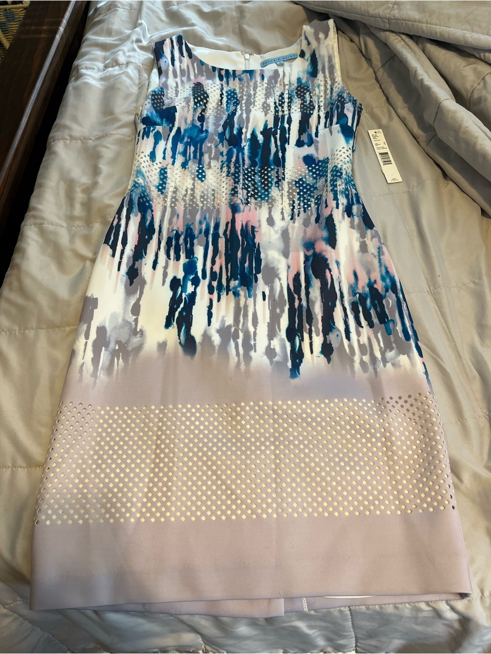 ANTONIO MELANI Blue, Purple & Pink Abstract Print Sheath Dress